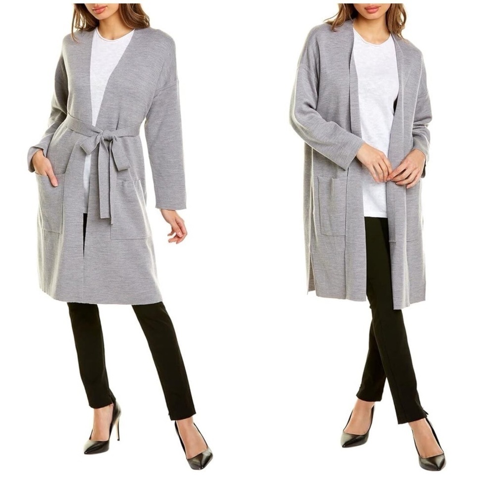 EILEEN FISHER - Heather Grey Cardigan with optional self-tie belt. XS oversized